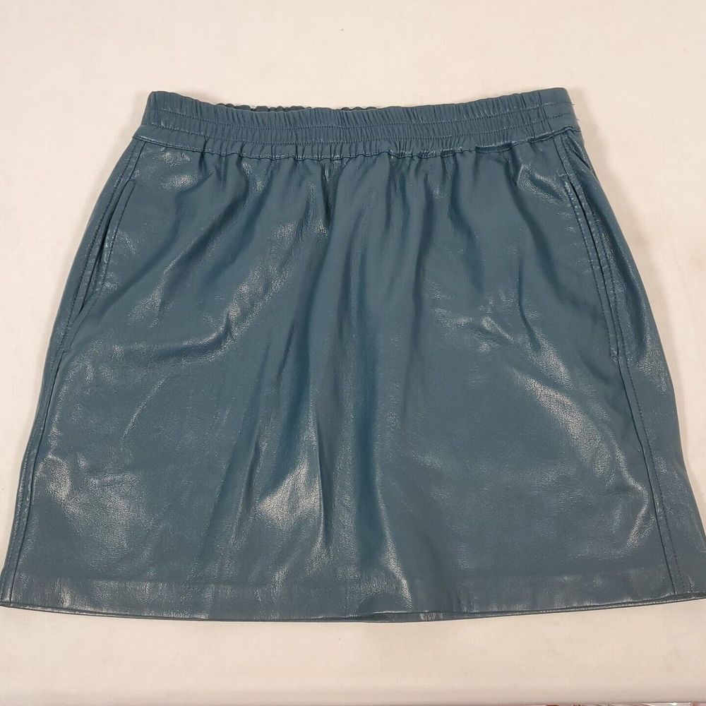 Babaton Faux Leather Mini Skirt Sz Small Teal Green Elastic Waist Pockets Lined